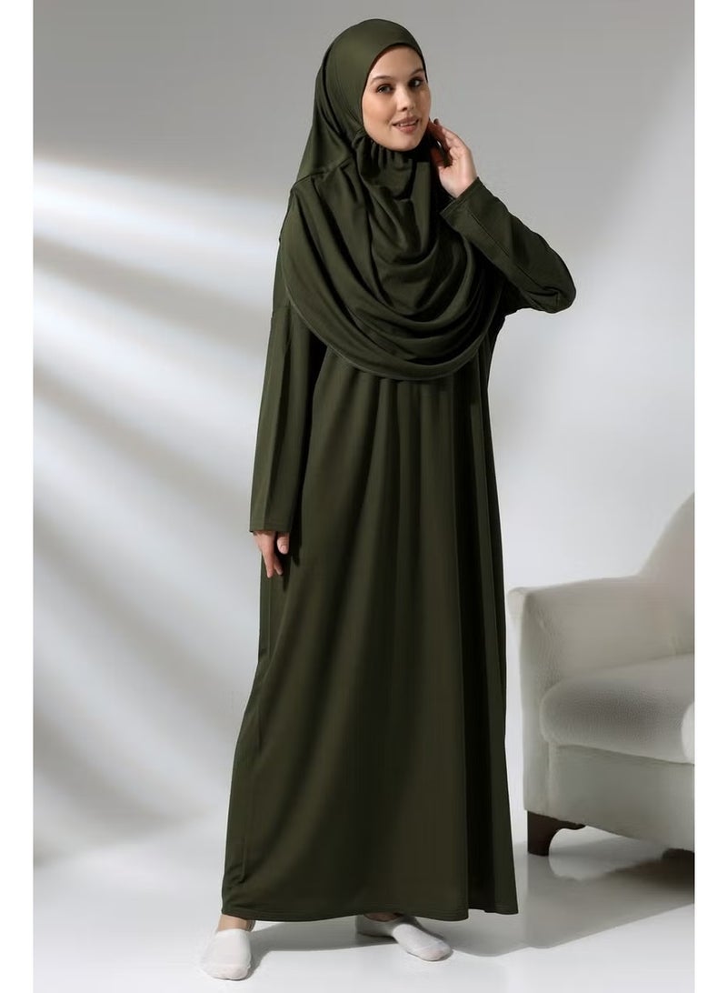 Ihvan Khaki Women's Practical Headscarf One-Piece Prayer Dress with Bag - Image 2
